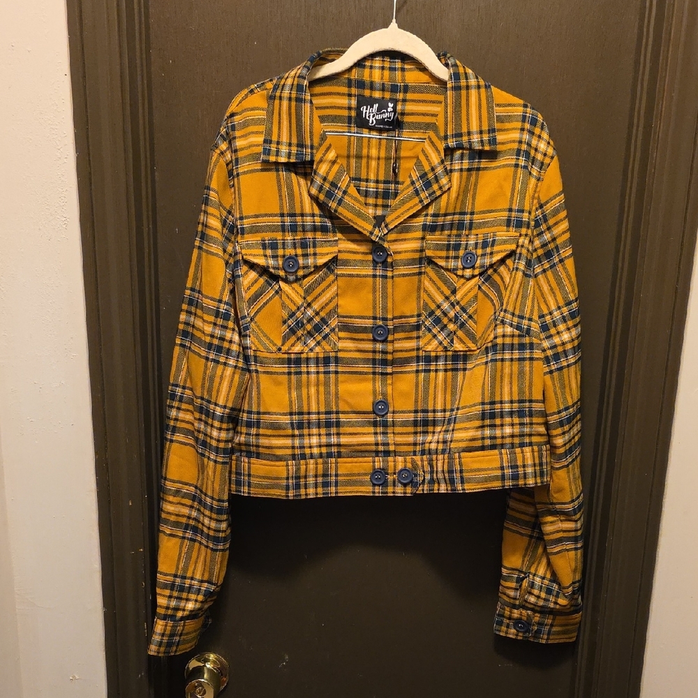 Hell Bunny Yellow and Forrest Green Plaid Jean Jacket 3XL.  NWT.